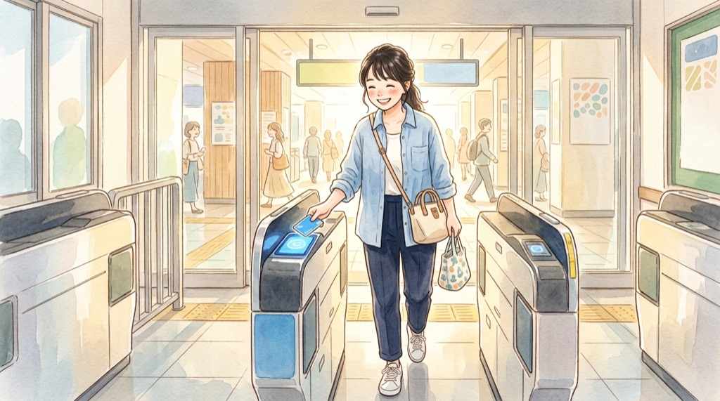 メトポ PASMO 大丈夫か確認しながら改札を通る女性