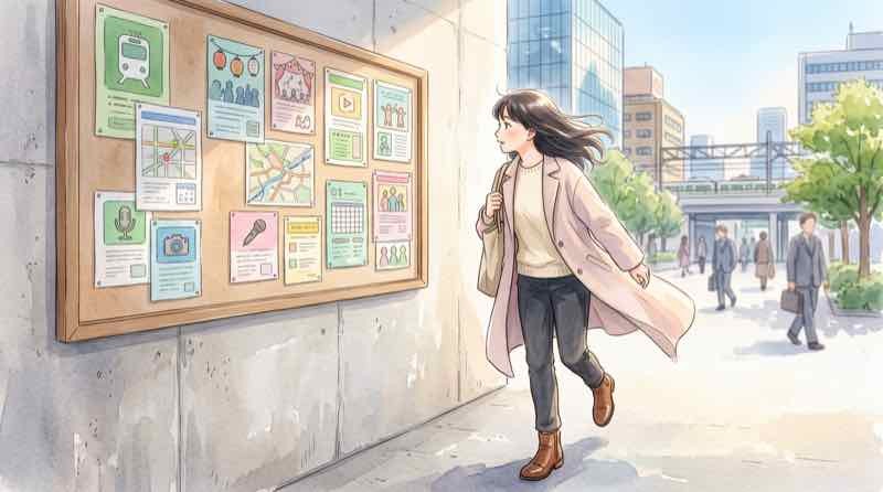 東京23区の民泊禁止のニュースをスマホで確かめる旅行中の女性と東京の街並み