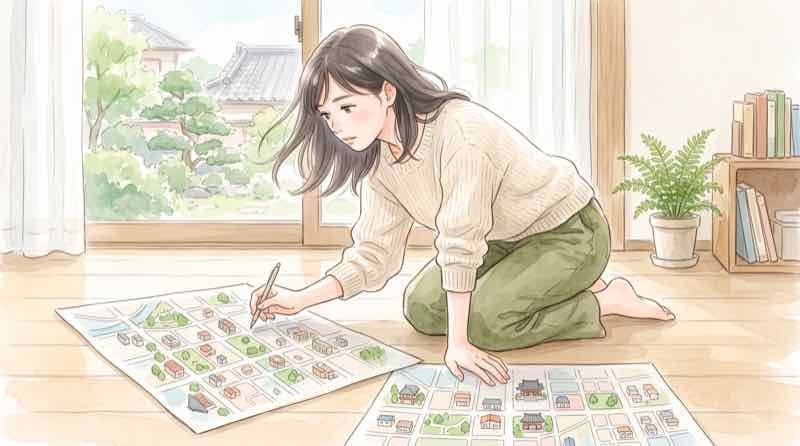 新宿区と大田区の民泊規制の違いを地図とメモで見比べる女性