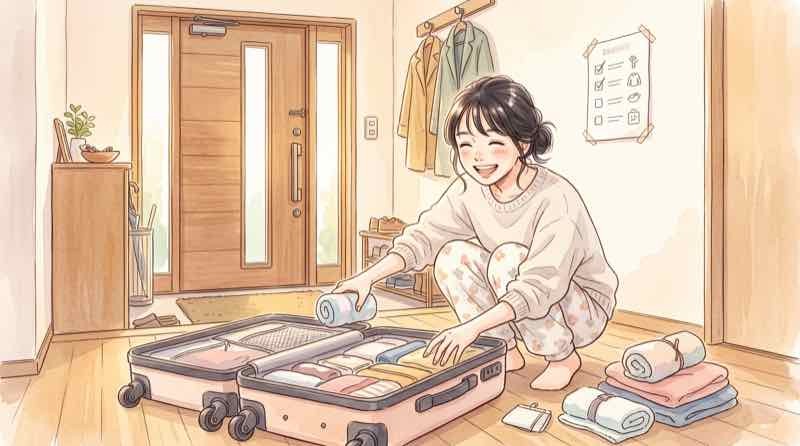 東京旅行の宿を予約する前にチェックリストを確認する女性とスーツケース