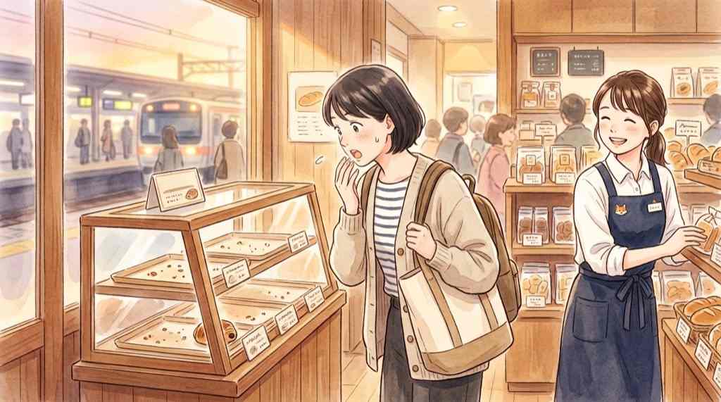 東京駅バベルの保存条件と売り切れ状況を店員に確認する女性