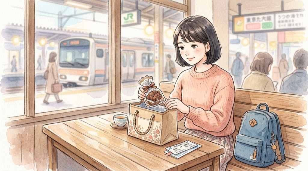 東京駅バベルを新幹線で持ち帰る時間と保冷を考える女性