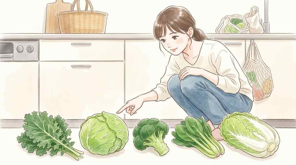 5種類の野菜を並べて調理法を調べる様子
