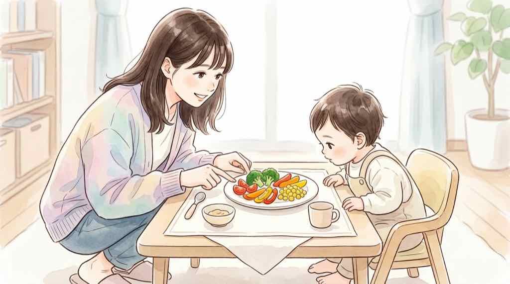 子どもと一緒に野菜料理を見つめる様子