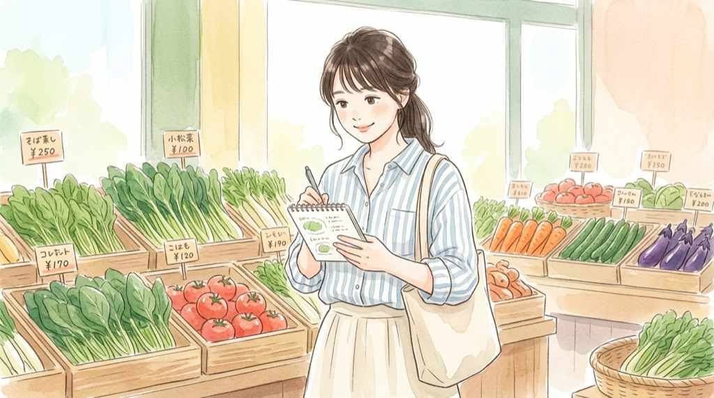 野菜高騰の中でも豆苗の値段が安定している売り場を確認するちこ