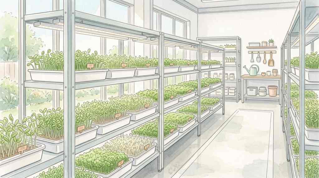 豆苗の植物工場での水耕栽培の仕組みをイメージしたイラスト