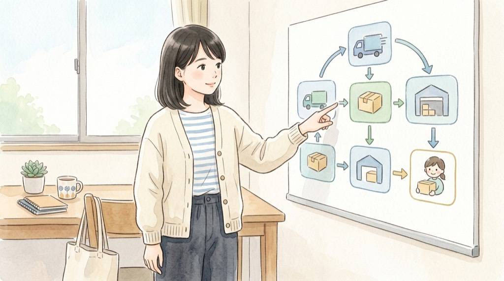豆苗の流通経路が一般野菜と異なる仕組みを説明するシーン