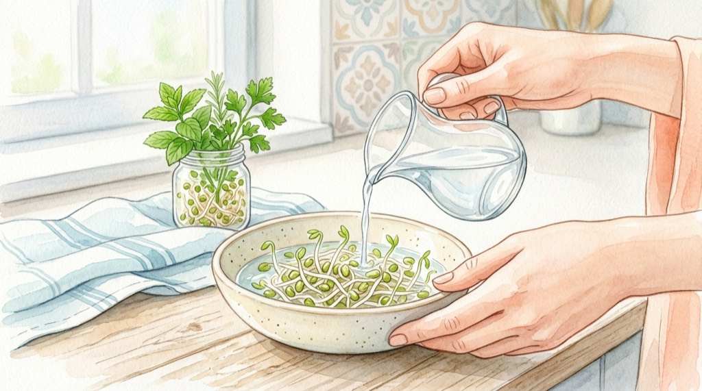 豆苗の再生栽培で容器に水を適切な量で入れているシーン