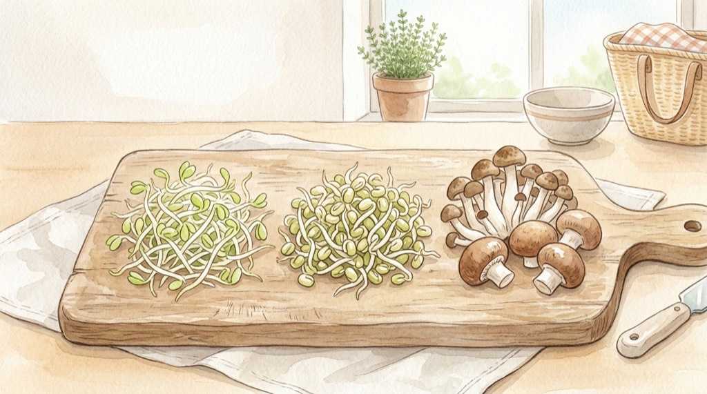 豆苗ともやしときのこを使った野菜料理を並べたシーン