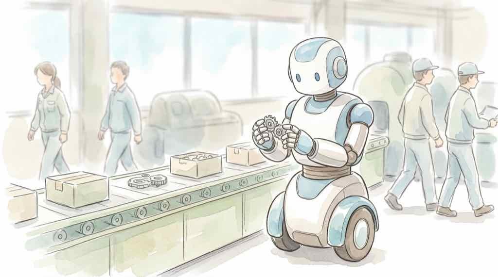 トヨタ ロボット エリーが工場のラインに立つ様子を描いたイラスト