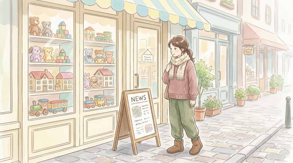 トイザらス ドンキ買収報道の内容を整理する、おもちゃ売り場の前でニュースを確かめる女性