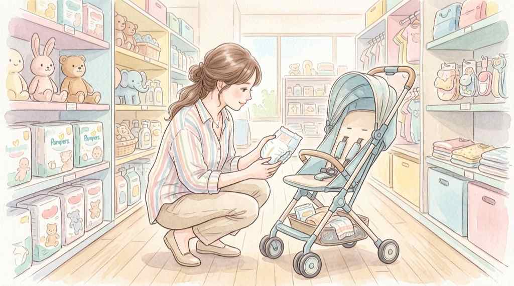 ベビーザらスの今後が気になる、ベビー用品売り場で商品を見比べるママ