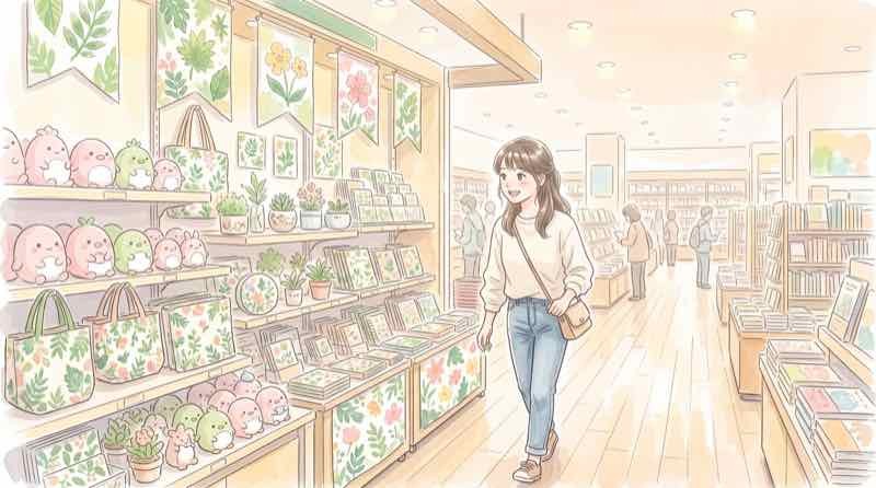 トゥンクトゥンクのグッズはどこで買えるか調べる、店頭のぬいぐるみを見る女性