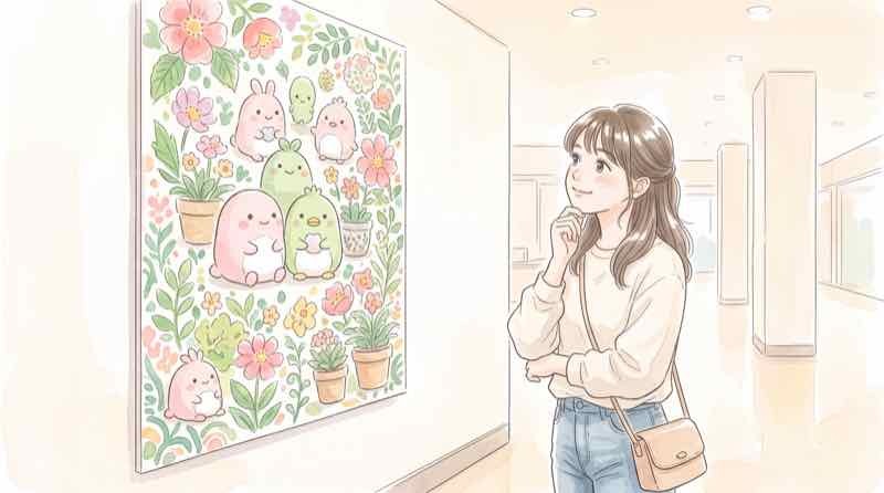 トゥンクトゥンクとは何のキャラかをおさらいする、ポスターの前で考える女性