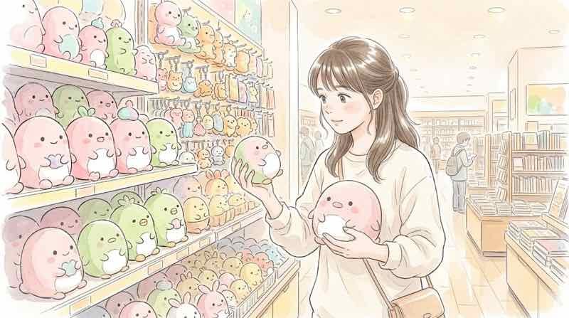 トゥンクトゥンクのぬいぐるみの種類と値段を見比べる、棚の前の女性