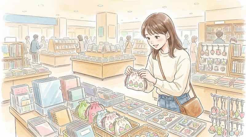トゥンクトゥンクのサンリオコラボグッズを選ぶ、ぬいぐるみを手に取る女性