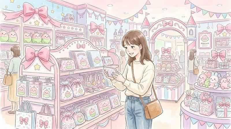トゥンクトゥンクのコラボグッズ一覧を眺める、雑貨売り場の女性