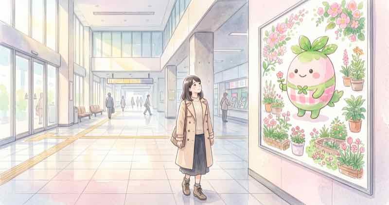 トゥンクトゥンクとは何者かを調べる女性、GREEN×EXPO 2027のポスターを見上げる
