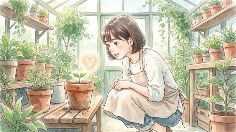 トゥンクトゥンクの中央にあるハートの意味を考える、鉢植えの前に立つ女性