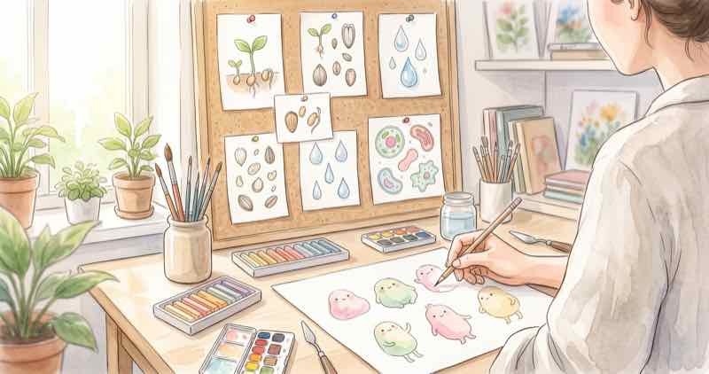 トゥンクトゥンクをデザインした牧野惇さんの仕事を紹介するイラスト、アトリエで絵を描く様子