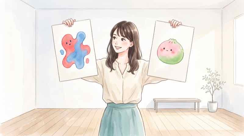 トゥンクトゥンクとミャクミャクの違いを比べる、2枚のポスターを見比べる女性