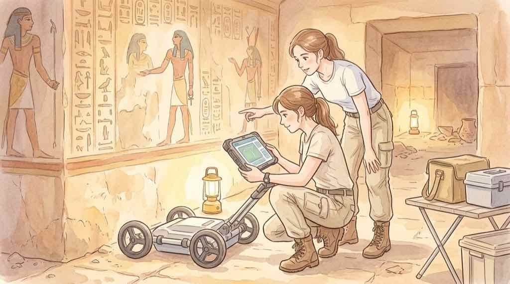 レーダー機器で壁を調査する研究者たちをイメージしたイラスト