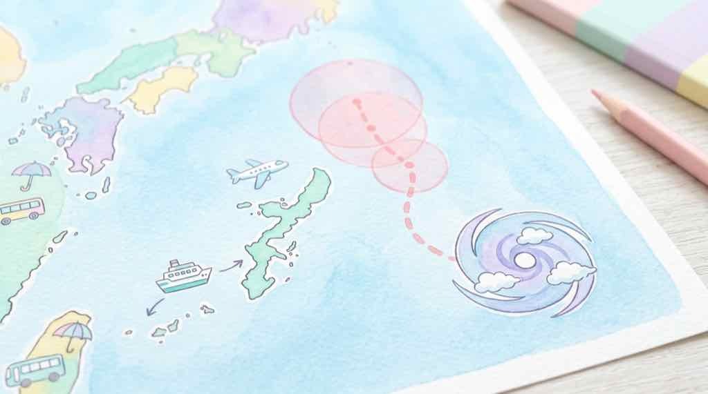 台風26号進路予想2026を確認しながら旅行の準備をする女性