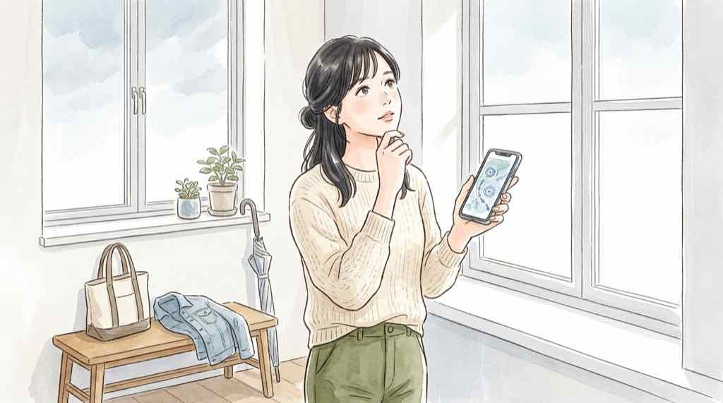台風26号進路予想2026を確認する女性のイラスト