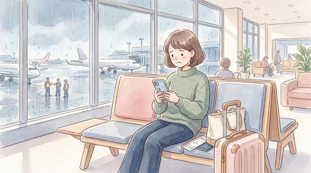 飛行機の欠航判断を確認する女性のイラスト