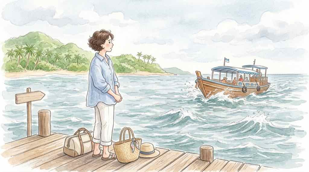 フェリーの欠航を確認する女性のイラスト