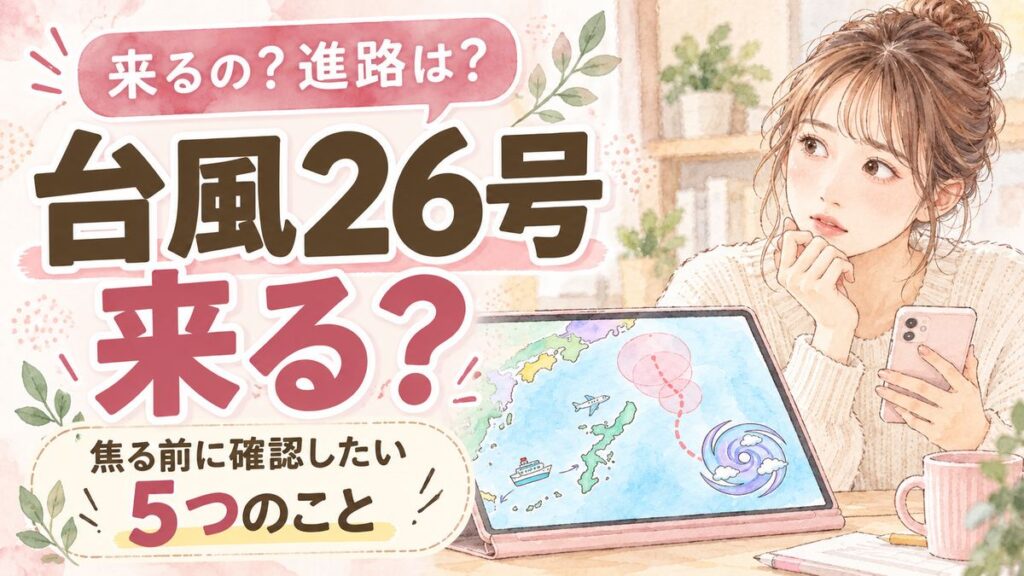台風26号進路予想2026を確認しながら旅行の準備をする女性
