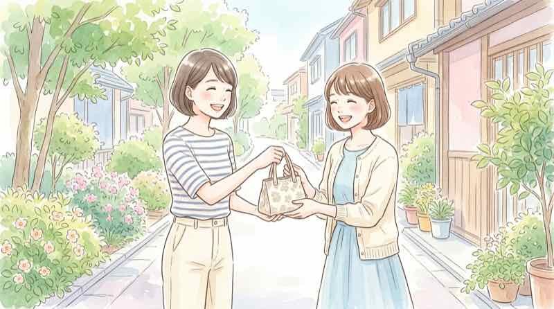 アニメイトのフェア特典ポストカードを受け取る女性イラスト