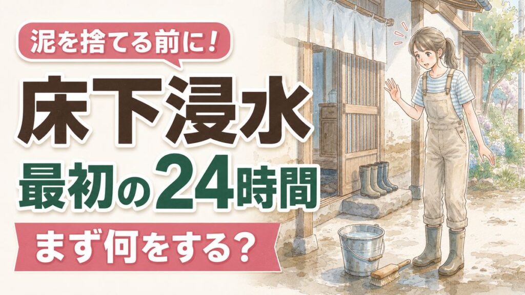 床下浸水どうする、水が引いた家の前で片付けの前に立ち止まって考える女性
