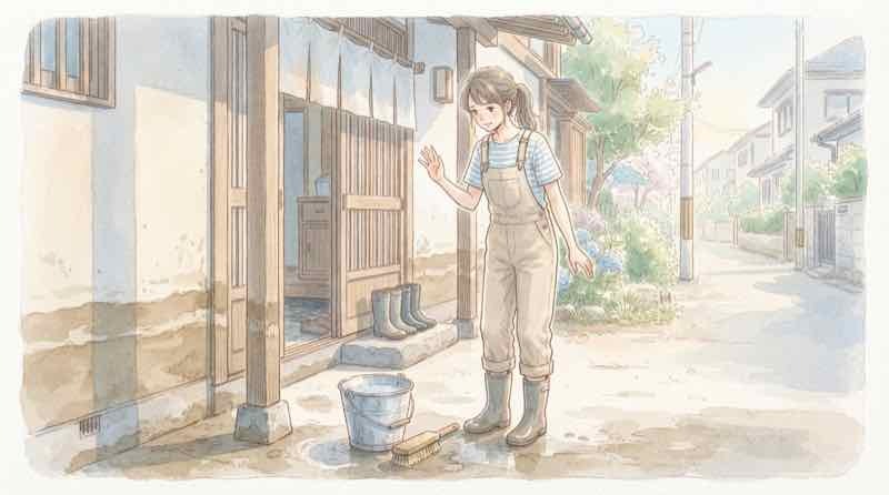 床下浸水どうする、水が引いた家の前で片付けの前に立ち止まって考える女性