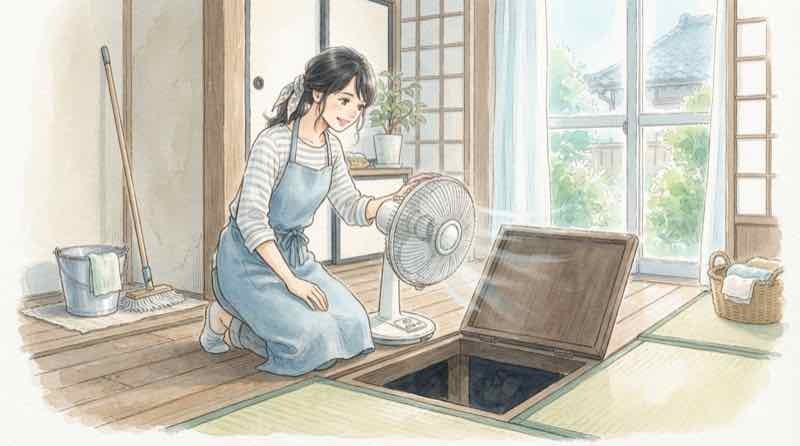 床下浸水したらまず安全確認、長靴とゴム手袋で家の外から建物を点検する女性