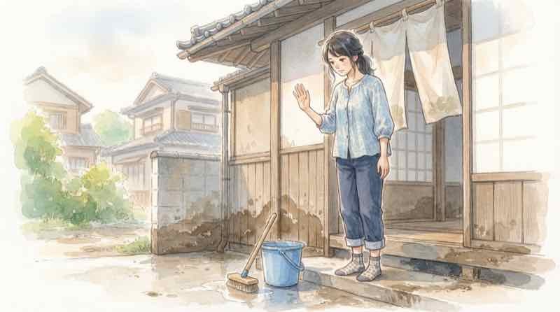 床下浸水の片付け手順を時系列で確認、メモを手に順番を整理する女性