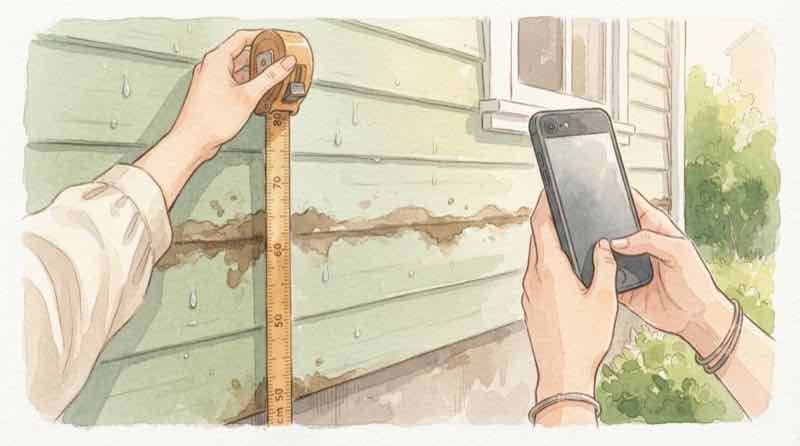 浸水の写真の撮り方、外壁の浸水線にメジャーを当てて高さを記録するスマホの手元