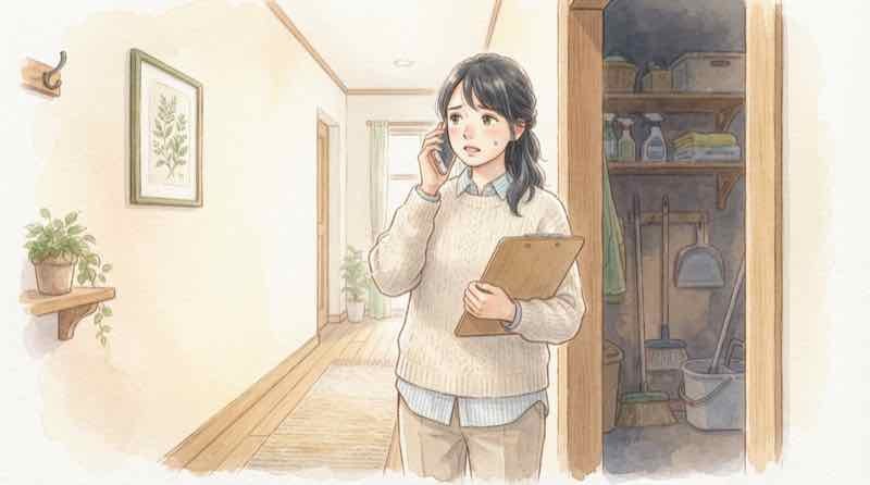 床下浸水で専門家へ連絡した方がよいケース、電話で業者に相談する女性