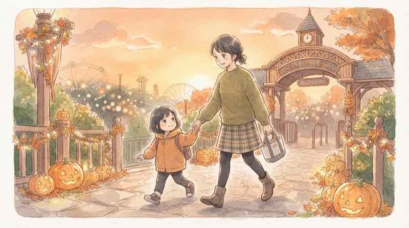 USJ ハロウィン 何時に帰る 子連れ、夕暮れのパークでベビーカーを押しながら出口へ向かう親子のイラスト