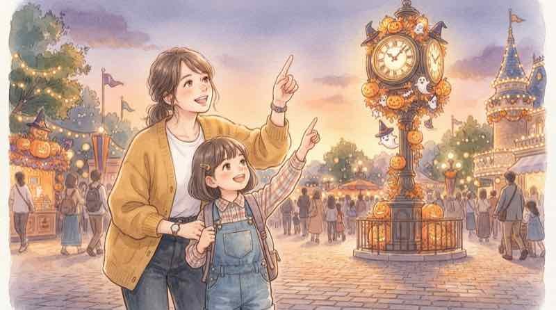 USJ ゾンビ 時間 2026、夕方のパークでハロウィーン装飾と時計を見上げる親子のイラスト