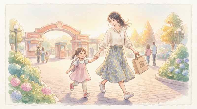 USJ ハロウィン 何時に帰る 子連れ、16時半に子どもの手を引いて出口へ歩き出す母親のイラスト