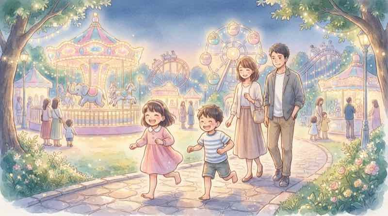 USJ ゾンビ 出ないエリア、子ども向けエリアで安心して遊ぶ家族のイラスト