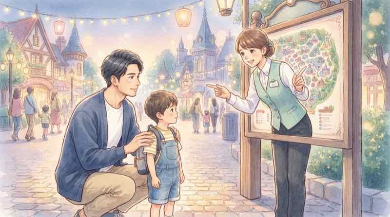 USJ ゾンビ 避ける方法、パークマップを見ながらクルーに退園ルートを尋ねる父子のイラスト