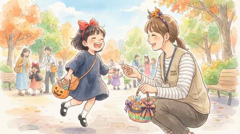 USJ ハロウィン 昼だけ、昼のトリック・オア・トリートでキャンディをもらって笑う子どものイラスト