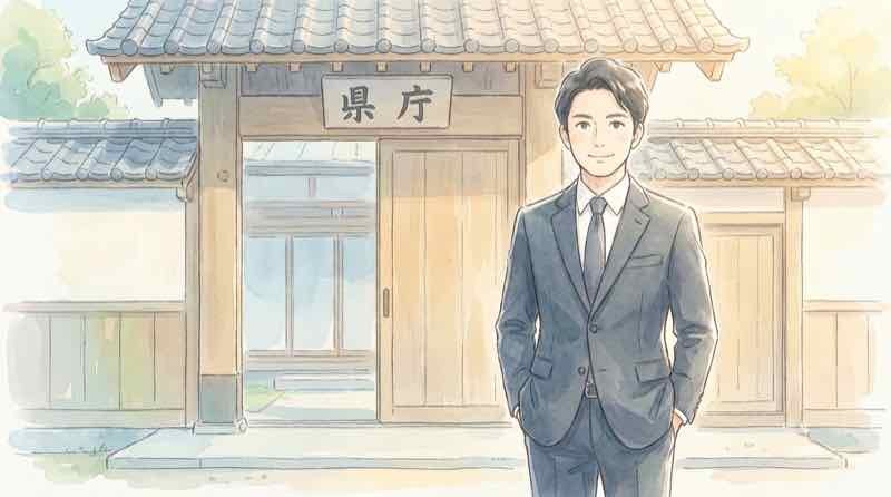 VIVANT阿部寛似てると話題の鳥取県職員が県庁前に立つ様子のイラスト