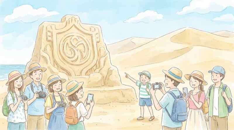 VIVANT鳥取砂丘の巨大な砂像モニュメントを見学する人々のイラスト