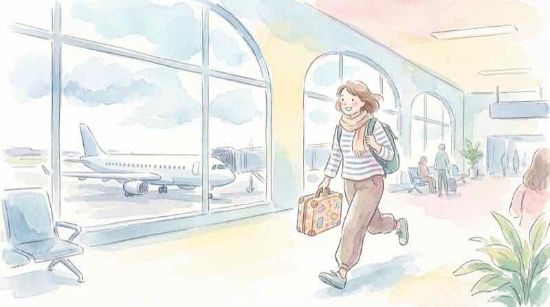 VIVANT鳥取ロケ地を巡るため空港や橋を訪れる旅行者のイラスト