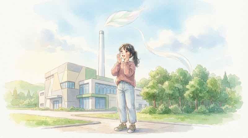 ごみを燃やしてCO2が減る理由を笑顔で説明する女性のイラスト