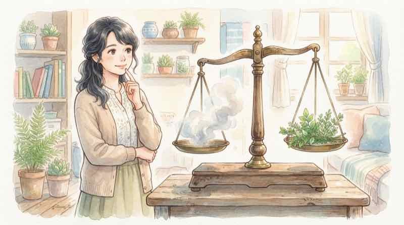 ごみを燃やしてCO2が減る仕組みを考える女性と煙突のある清掃工場のイラスト