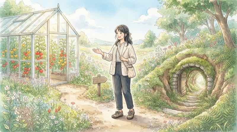 回収したCO2の行き先を野菜のハウス栽培と地下貯留の2方向で描いたイラスト